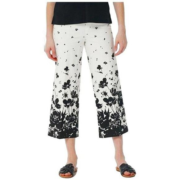 Isaac Mizrahi Pants - Isaac Mizrahi Stretch Crop Wide Leg Pants Plus Sz 32WP WHITE BLACK Floral Luxury
